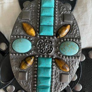 3 1/4" Wide Boho Oval Concho Disc Link Leather Western Belt - M/L